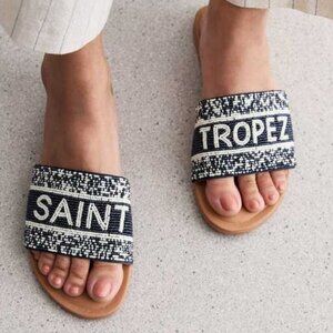 Womens Saint Tropez Black White Beaded Flat Leather Slide Sandal 41 US/10.5